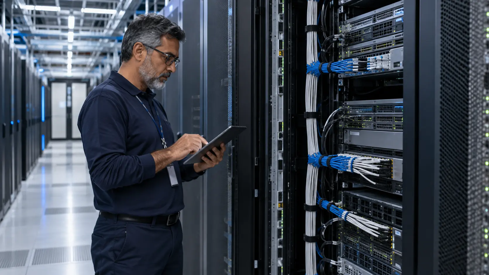Engenheiro avaliando infraestrutura em datacenter