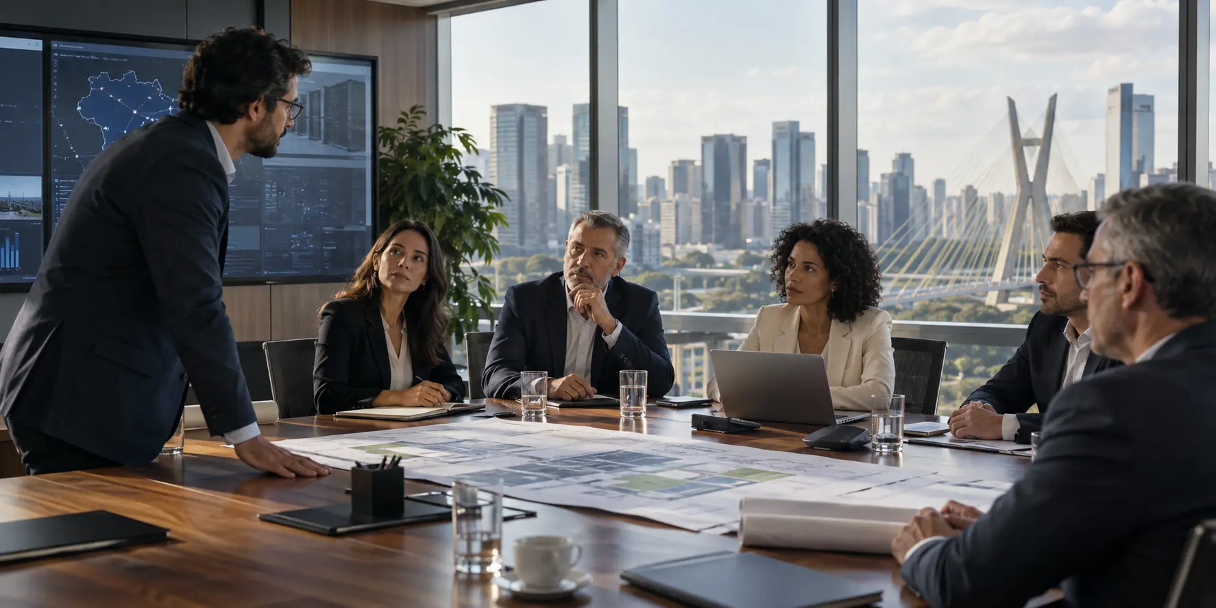 Liderança empresarial avaliando uma estratégia de infraestrutura e tecnologia
