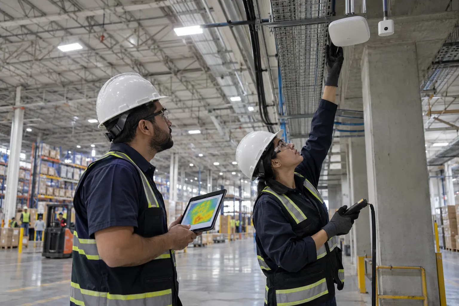 Engenheiros realizando levantamento de rede sem fio e IoT